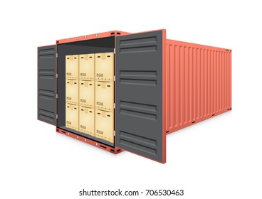 Cargo container or shipping container with cardboard box for shipment storage and transport goods product and raw material between location or country, International trade equipment to exchange goods.