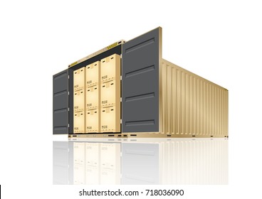 Cargo container or shipping container with cardboard box for shipment storage and transport goods product and raw material between location or country, International trade equipment to exchange goods.