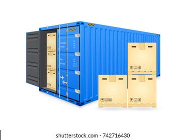 Cargo container or shipping container with cardboard box for shipment storage and transport goods product and raw material between location or country, International trade equipment to exchange goods.