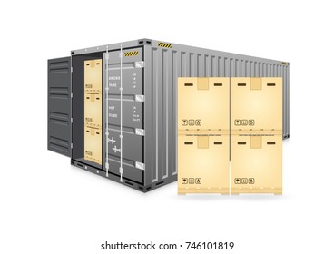 Cargo container or shipping container with cardboard box for shipment storage and transport goods product and raw material between location or country, International trade equipment to exchange goods.
