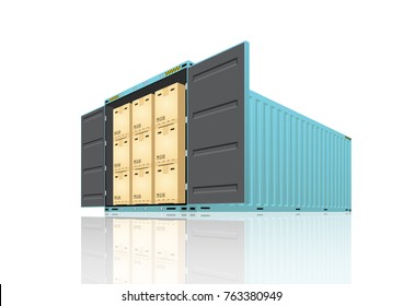 Cargo container or shipping container with cardboard box for shipment storage and transport goods product and raw material between location or country, International trade equipment to exchange goods.