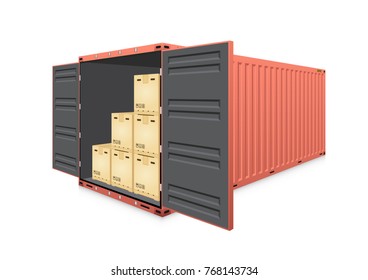 Cargo container or shipping container with cardboard box for shipment storage and transport goods product and raw material between location or country, International trade equipment to exchange goods.