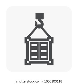 Cargo container or shipping container and crane hook lifting icon. To show shipment storage and transport goods product. Crane hook also called lifting hook. Made from metal including with rope.