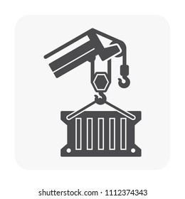 Cargo container or shipping container and crane hook lifting icon. To show shipment storage and transport goods product. Crane hook also called lifting hook. Made from metal including with rope.