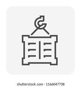 Cargo container or shipping container and crane hook lifting vector icon. To show shipment storage and transportation of goods or product. Crane hook also called lifting hook. 64x64 pixel line icon.