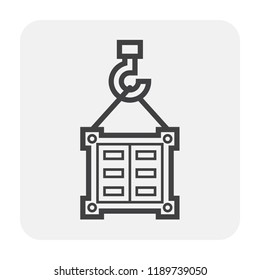 Cargo container or shipping container and crane hook lifting icon. To show shipment storage and transport goods product. Crane hook also called lifting hook. Made from metal including with rope.