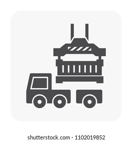 Cargo container or shipping container and spreader icon. Spreader is a device for lifting containers onto truck. That is a part of gantry, overhead, bridge and container crane. Vector icon.