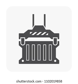 Cargo container or shipping container and spreader icon. Spreader is a device for lifting containers at harbour or port. That is a part of gantry, overhead, bridge and container crane. Vector icon.