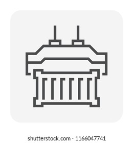 Cargo container or shipping container and spreader icon. Spreader is a device for lifting containers at harbour or port. That is a part of gantry, overhead, bridge and container crane. 64x64 px icon.
