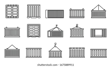 Symbol für die Speicherung von Frachtcontainern festgelegt. Rahmenset für Frachtcontainer-Container-Vektorsymbole für Webdesign einzeln auf weißem Hintergrund