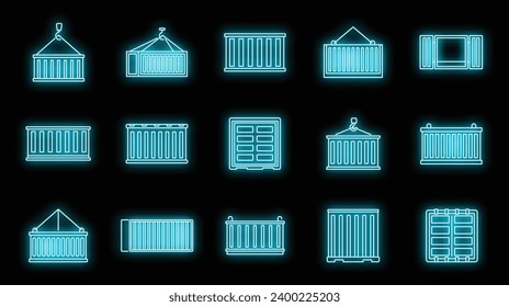 Juego de iconos de almacenamiento de contenedores de carga. Conjunto de esquemas de los iconos del vector de almacenamiento del contenedor de carga color de neón en negro