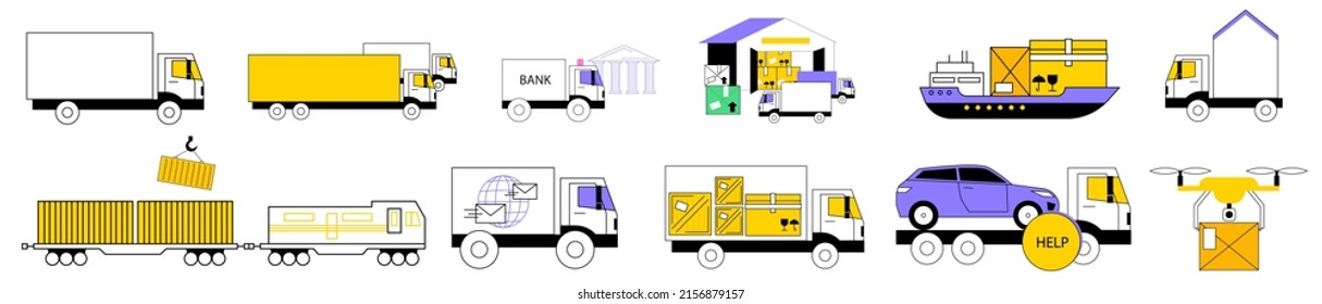 Cargo and container transportation and delivery colorful linear flat vector illustrations set. Global logistics, freight loading, logistics center, drone parcel delivery, postal service, warehousing.