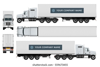 Cargo Container Truck Template On White Background. Vehicle Branding Mock Up. The Ability To Easily Change The Color. All Elements In The Groups On Separate Layers. View From Side, Back, Front, Top.