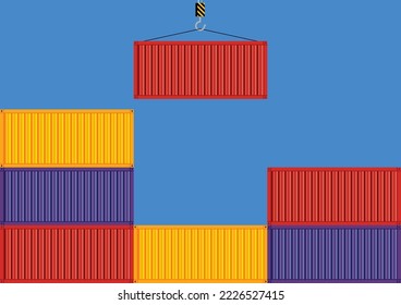 Cargo Container. Twenty feet cargo container hanging on a crane hook. Logistics, transportation concept. Import and export or moving