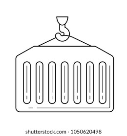 Cargo container vector line icon isolated on white background. Crane hook with hanging cargo container line icon for infographic, website or app.