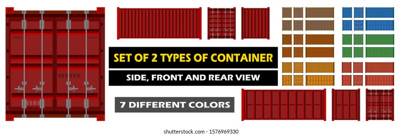 Cargo Container. Vector. Set. Logistics delivery container. Isolated object. Red, blue, yellow, green, brown. Back, front and side. Shipment delivery service. Container for trucks, ships and aircraft.