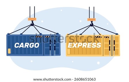 Cargo containers hanging on hook of harbor crane. Express delivery. Loading terminal. Freight transportation. Seaport shipping. Industrial equipment lifting heavy boxes