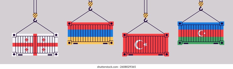 Cargo containers isolated. Freight shipping box hanging on crane hook. Flat style vector illustration. Georgia, Armenia, Turkey, Azerbaijan flags. International import and export trade.