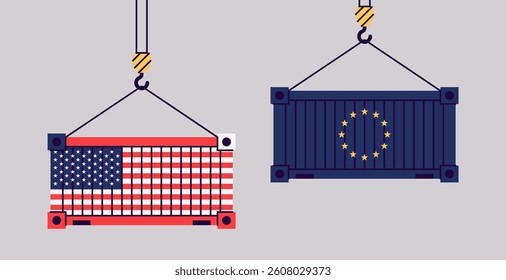 Cargo containers isolated. Freight shipping box hanging on crane hook. Flat style vector illustration. USA and European Union flags. International import and export trade.