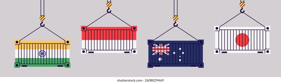 Cargo containers isolated. Freight shipping box hanging on crane hook. Flat style vector illustration. India, Indonesia, Australia, Japan flags. International import and export trade.
