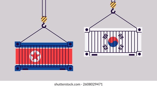 Cargo containers isolated. Freight shipping box hanging on crane hook. Flat style vector illustration. South Korea, North Korea flags. International import and export trade.