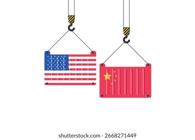 Contentores de carga isolados Caixa de transporte de carga pendurada no gancho da grua. Ilustração de vetor de estilo plano. Bandeiras dos EUA e da China. Comércio internacional de importação e exportação.