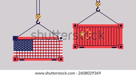 Cargo containers isolated. Freight shipping box hanging on crane hook. Flat style vector illustration. USA and China flags. International import and export trade.