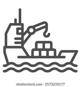Cargo containers on vessel line icon, shipping concept. Vector graphics. Delivery ship with crane sign on white background, outline style icon for mobile or web design