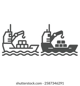 Cargo containers on vessel line and solid icon, shipping concept. Vector graphics. Delivery ship with crane sign on white background, outline style icon for mobile or web design