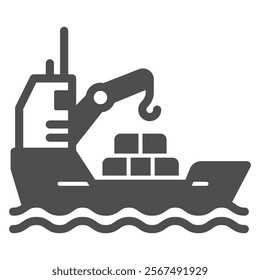 Cargo containers on vessel solid icon, shipping concept. Vector graphics. Delivery ship with crane sign on white background, glyph style icon for mobile or web design