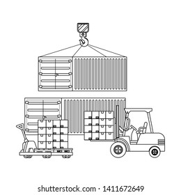 cargo containers with pushcart in black and white