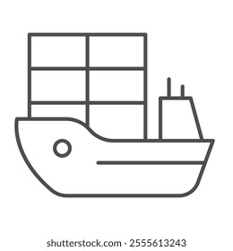 Cargo containers transportation vessel thin line icon, marine port concept. Vector graphics. Water shipping, sea delivery sign on white background, outline style icon for mobile or web design