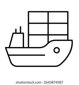 Cargo containers transportation vessel thin line icon, marine port concept. Vector graphics. Water shipping, sea delivery sign on white background, style mobile or design