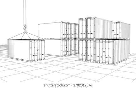 Frachtcontainer. Wire-Frame-Stil. 3D-Darstellung von Vektorillustrationen