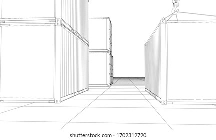 Cargo containers. Wire-frame style. Vector rendering of 3d