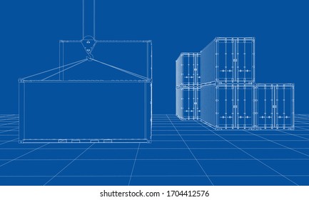 Cargo containers. Wire-frame style. Vector rendering of 3d