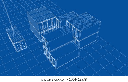 Cargo containers. Wire-frame style. Vector rendering of 3d