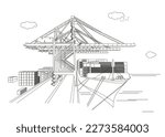 Cargo Crane, container and ships in Port, line vector illustration Art.