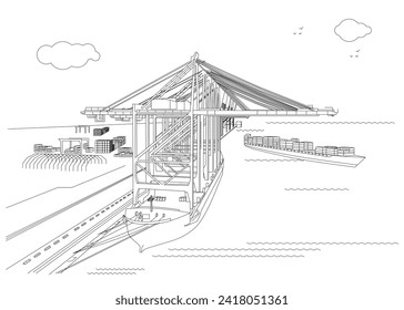 Cargo Crane, container and ships in Port line vector illustration Art