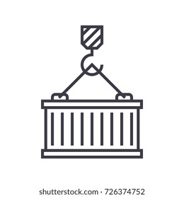  cargo crane with container vector line icon, sign, illustration on background, editable strokes