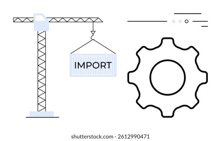 Cargo crane hoisting an import container, adjacent to a large gear symbol. Ideal for logistics, industrial operations, import-export business, supply chain management, manufacturing, global trade