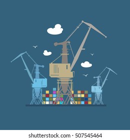 Cargo Cranes and Containers at the Dock, Crane at the Port at Sea, International Freight Transportation, Vector Illustration 