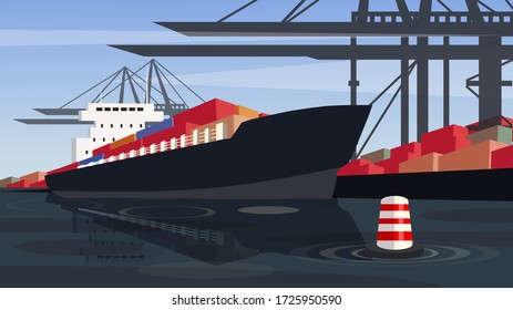 Cargo cranes load containers into the transport vessel. Vector illustration of a ship in the docks.