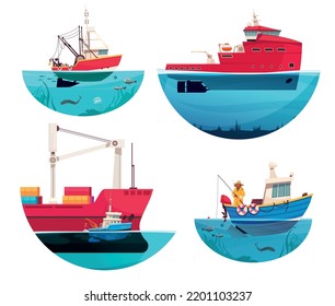 Cargo and cruise ships icons set with marine symbols flat isolated vector ilustration