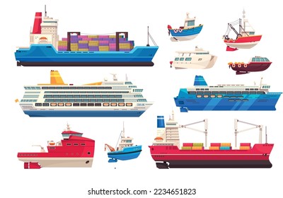 Cargo and cruise ships set with port symbols flat isolated vector ilustration