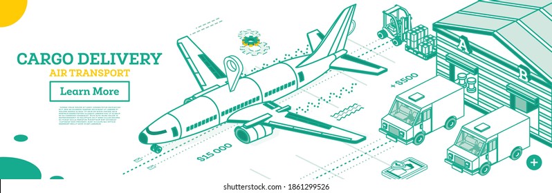 Cargo Delivery By Airplane. Outline Isometric Global Logistics Network. Warehouse In Airport.  Forklift Truck Or Loader With Pallet With Parcels. Van Stand Near Door Of Warehouse. Vector Illustration.