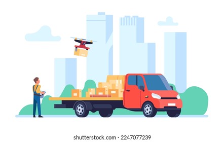 Cargo delivery by quadcopter. Order shipping. Robots fly. Cardboard parcel boxes modern aerial distribution. Express delivering service. Courier in uniform. Freight