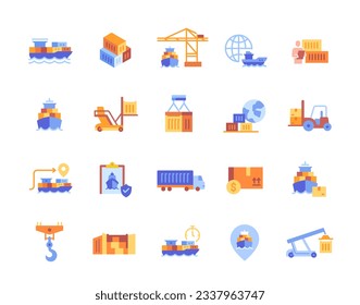 Cargo delivery by ship icons set. Colorful stickers with loading process of stacking containers. Sea route with logistics related port, ships and cars. Cartoon flat vector isolated on white background