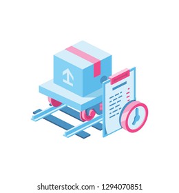 Cargo delivery by train 3d vector icon isometric pink and blue color minimalism illustrate