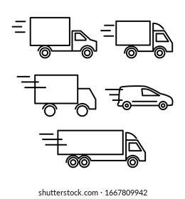 cargo delivery by truck, line, icon, set